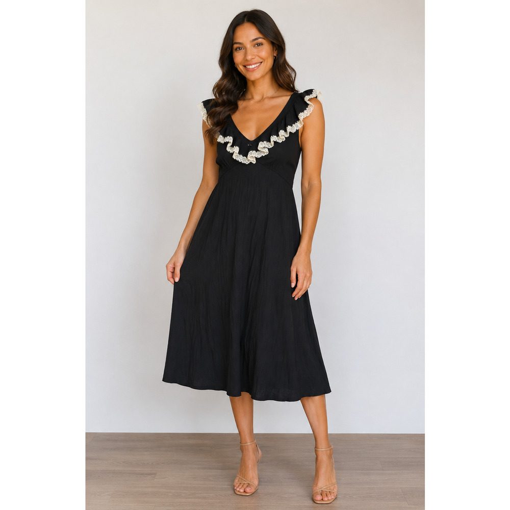 Universal Thread Dress Womens Medium Black V Neck Ruffle Lace Trim Midi Sundress